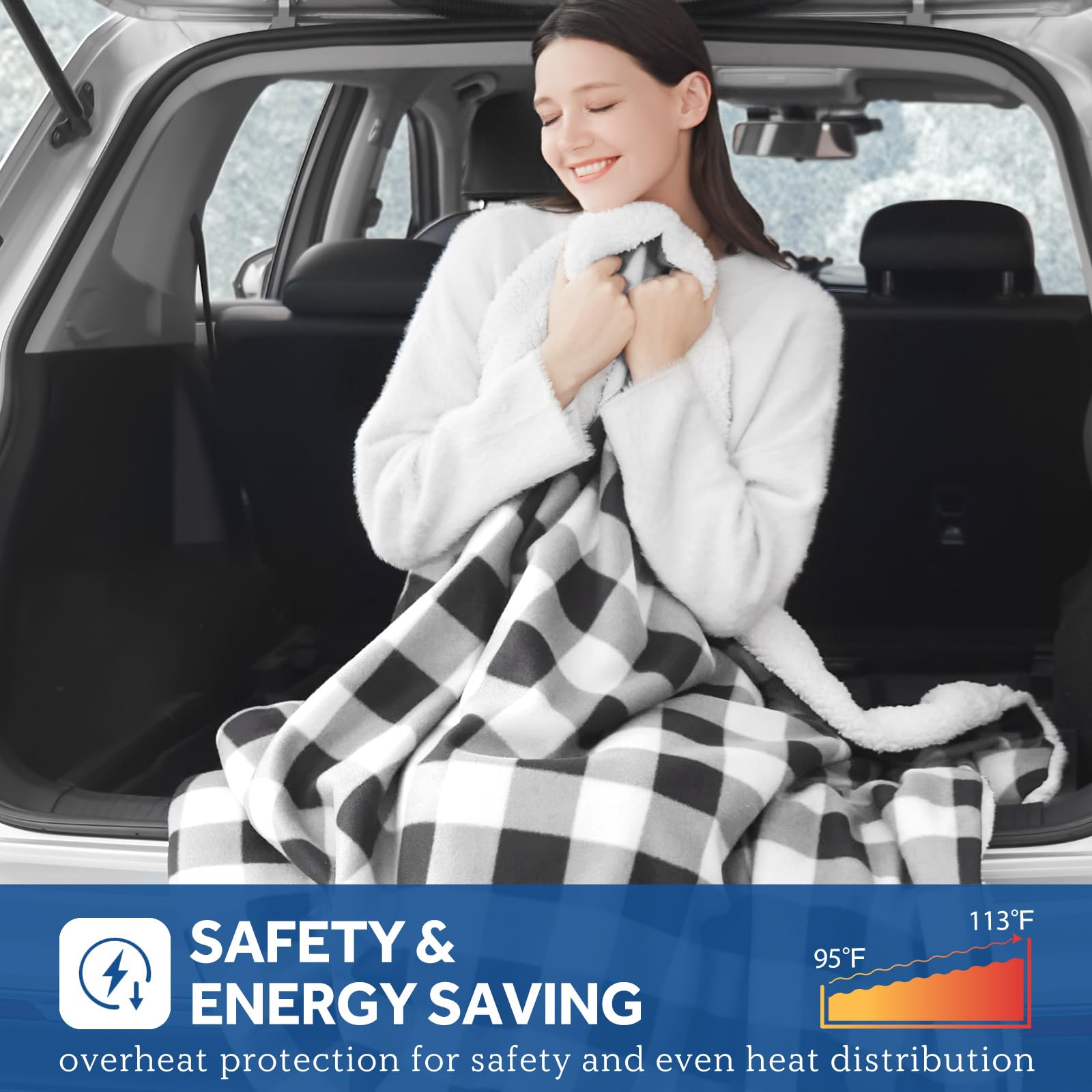 Sealy 12-Volt Heated Car Blanket with 2 USB Output Ports, 3 Heating Levels & 4 Hours Auto Off, Electric Blanket for Car, Truck, SUV, RV or Camping, Machine Washable, 59" X 43", Plaid - Image 3