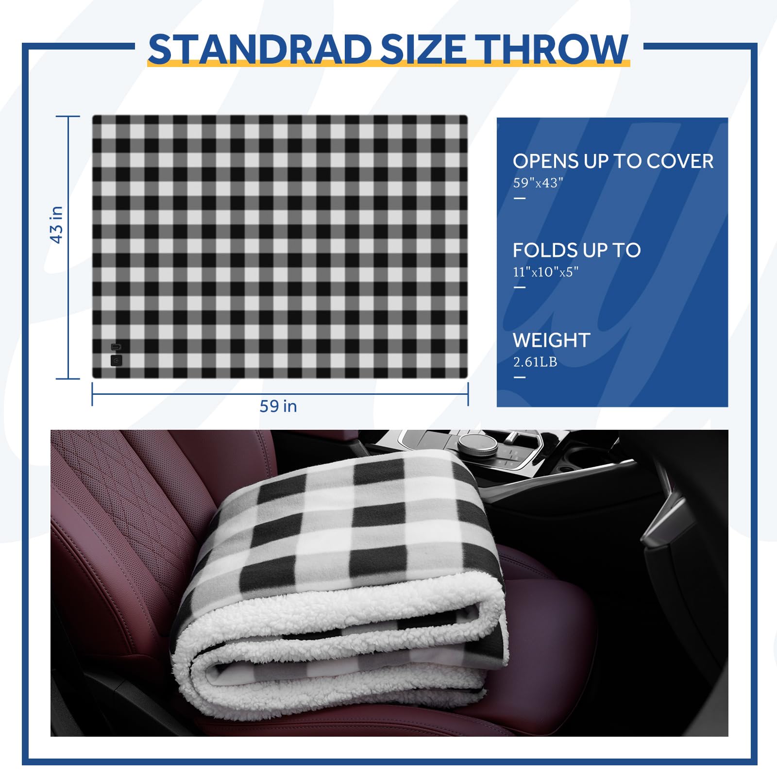 Sealy 12-Volt Heated Car Blanket with 2 USB Output Ports, 3 Heating Levels & 4 Hours Auto Off, Electric Blanket for Car, Truck, SUV, RV or Camping, Machine Washable, 59" X 43", Plaid - Image 7