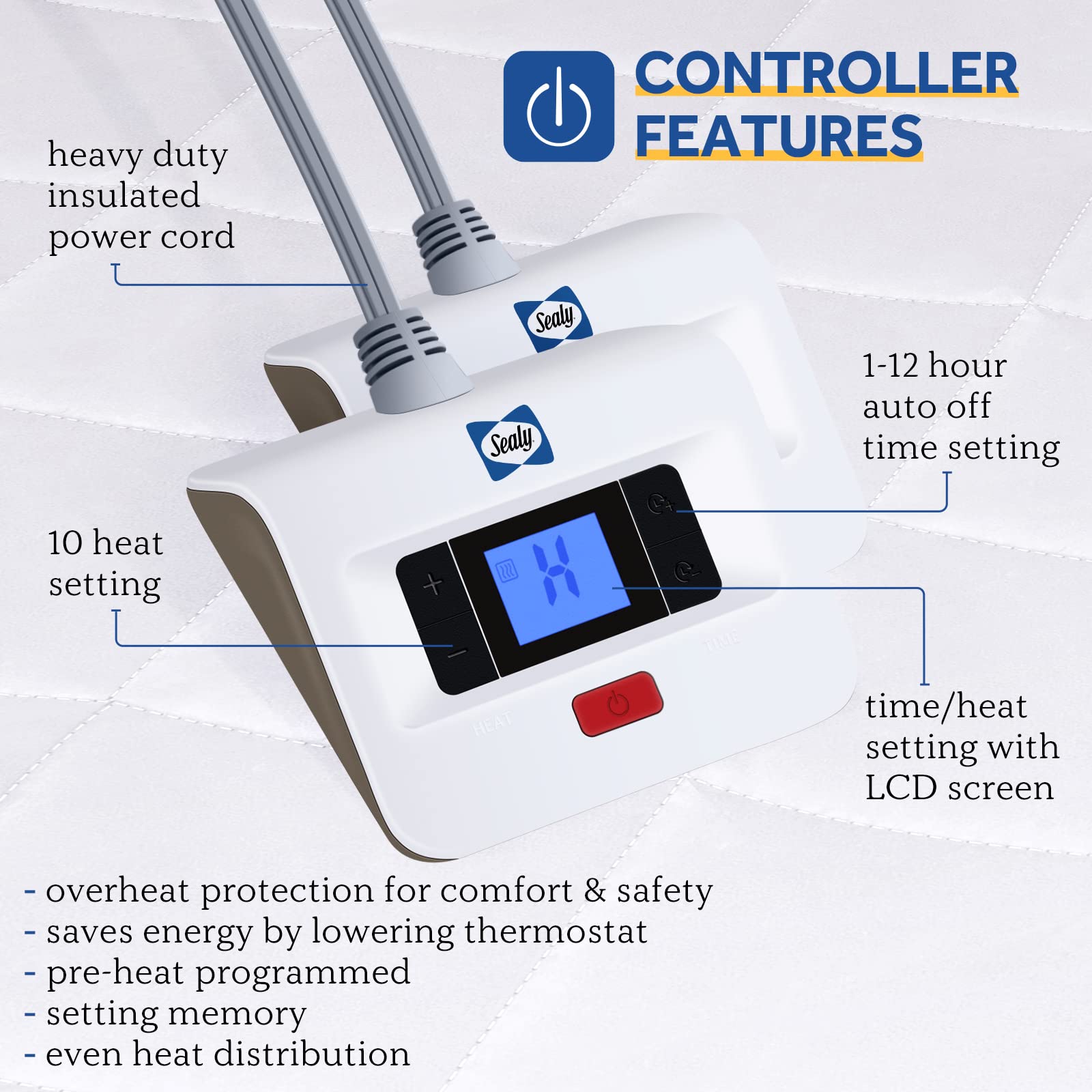 Sealy 3M Scotchgard Heated Mattress Pad | Quilted Cotton Electric Bed Warmer with 10 Heat Setting Dual Controller | 1-12 Hours Auto Shut Off | 17" Deep All Around Elastic Pocket, Queen - Image 5