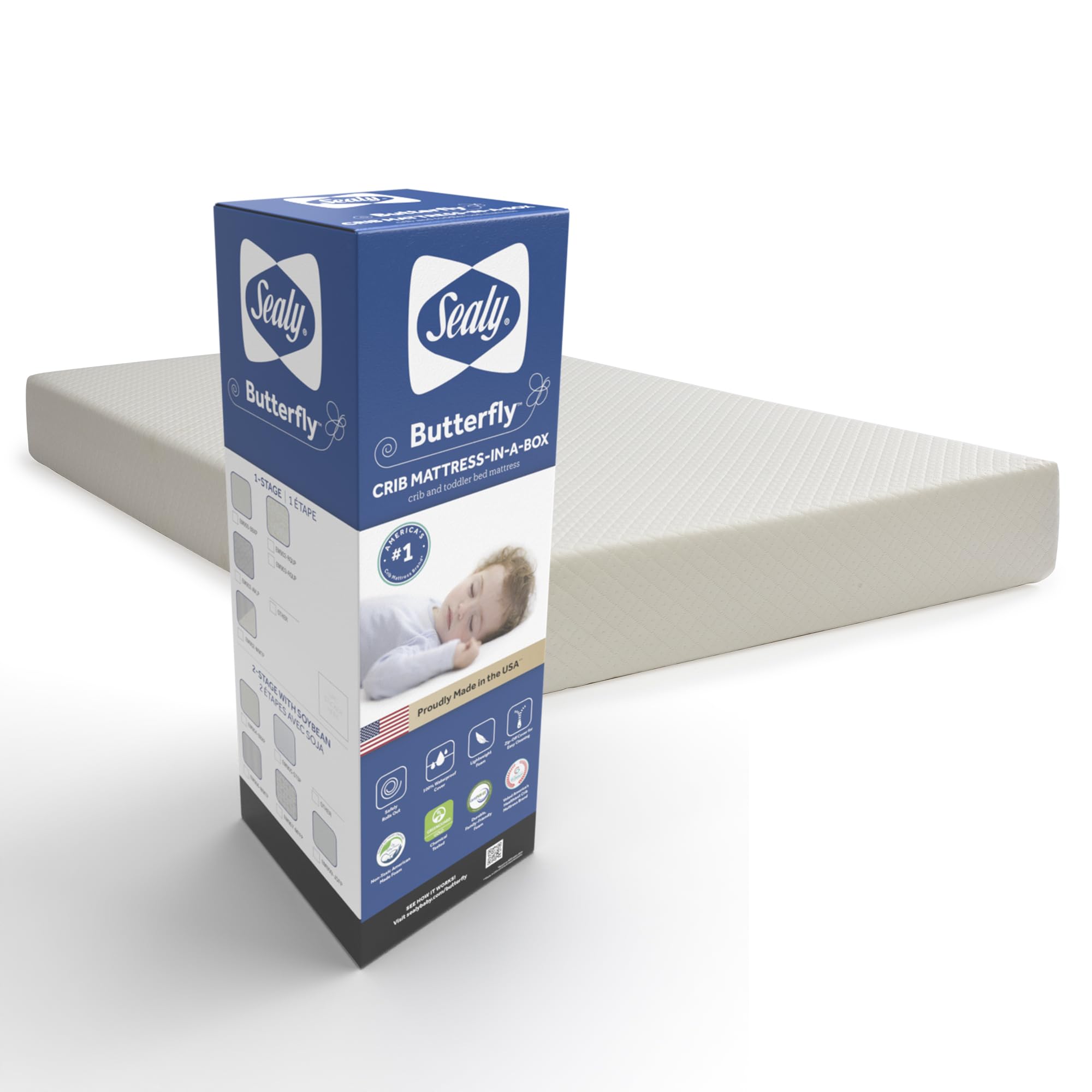 Sealy Baby Butterfly Breathable Knit 2 Stage Waterproof Crib Mattress plus Toddler Bed Fit, Washable Easy Clean Zip Off Cover, GREENGUARD Gold Certified, Safety & Quality Tested, Made in USA, 52"X28" - Image 11