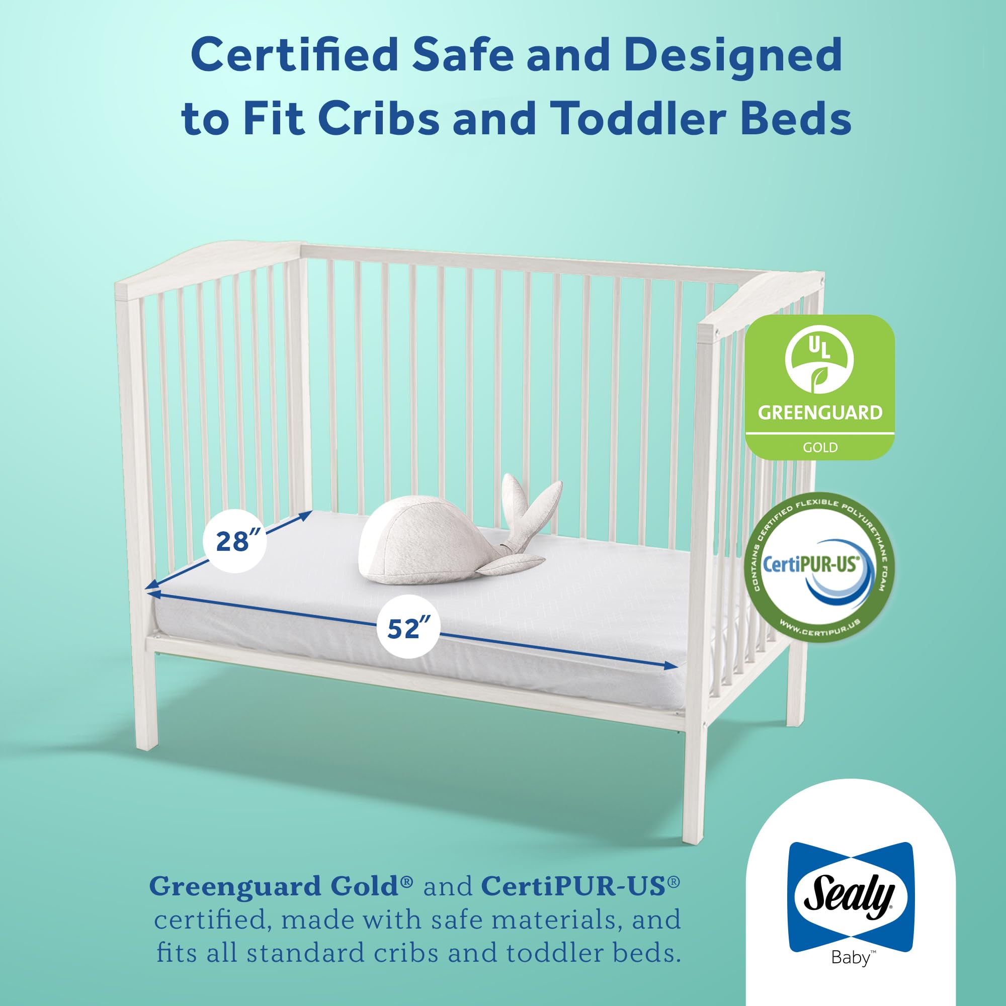 Sealy Baby Butterfly Breathable Knit 2 Stage Waterproof Crib Mattress plus Toddler Bed Fit, Washable Easy Clean Zip Off Cover, GREENGUARD Gold Certified, Safety & Quality Tested, Made in USA, 52"X28" - Image 7