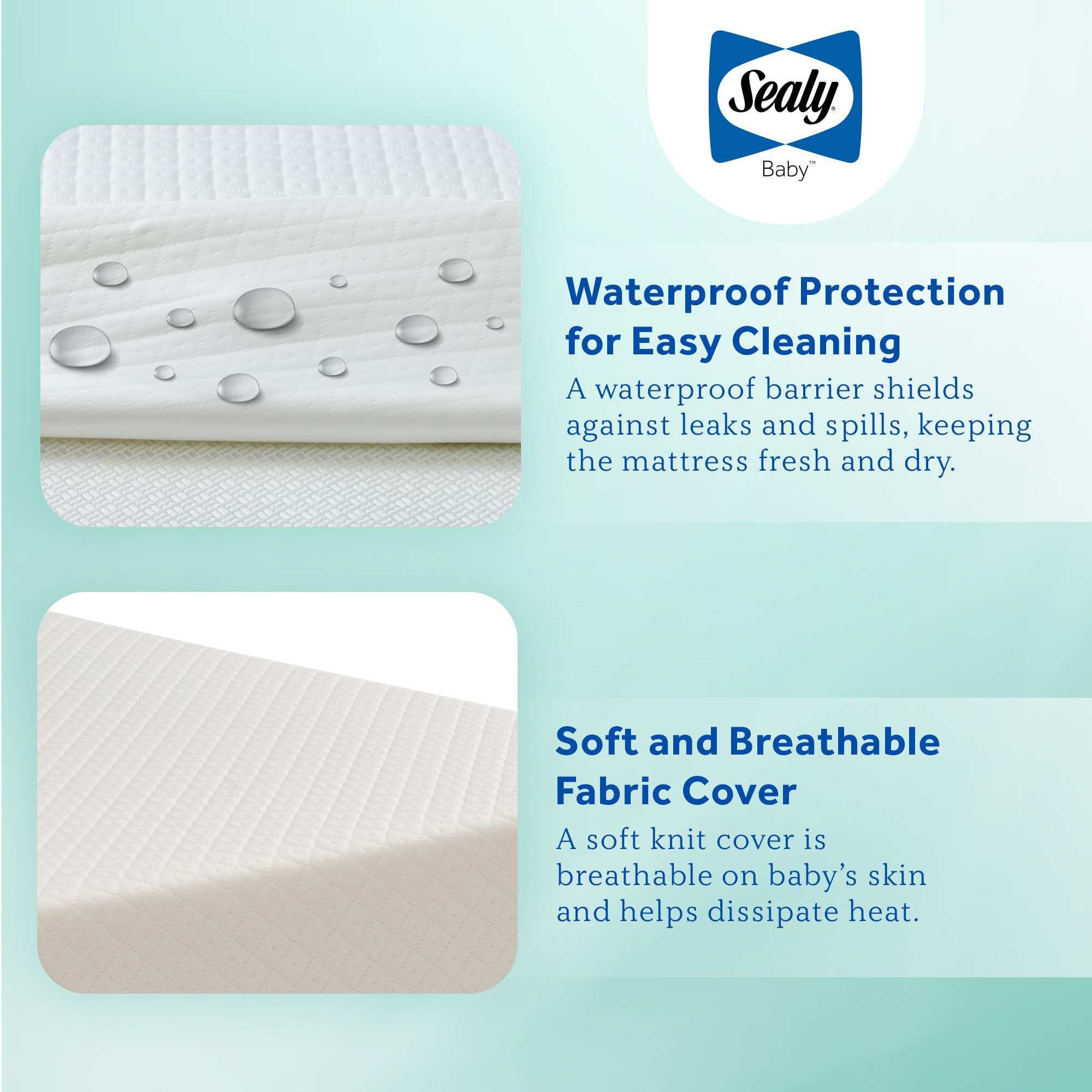 Sealy Baby Butterfly Breathable Knit 2 Stage Waterproof Crib Mattress plus Toddler Bed Fit, Washable Easy Clean Zip Off Cover, GREENGUARD Gold Certified, Safety & Quality Tested, Made in USA, 52"X28" - Image 6