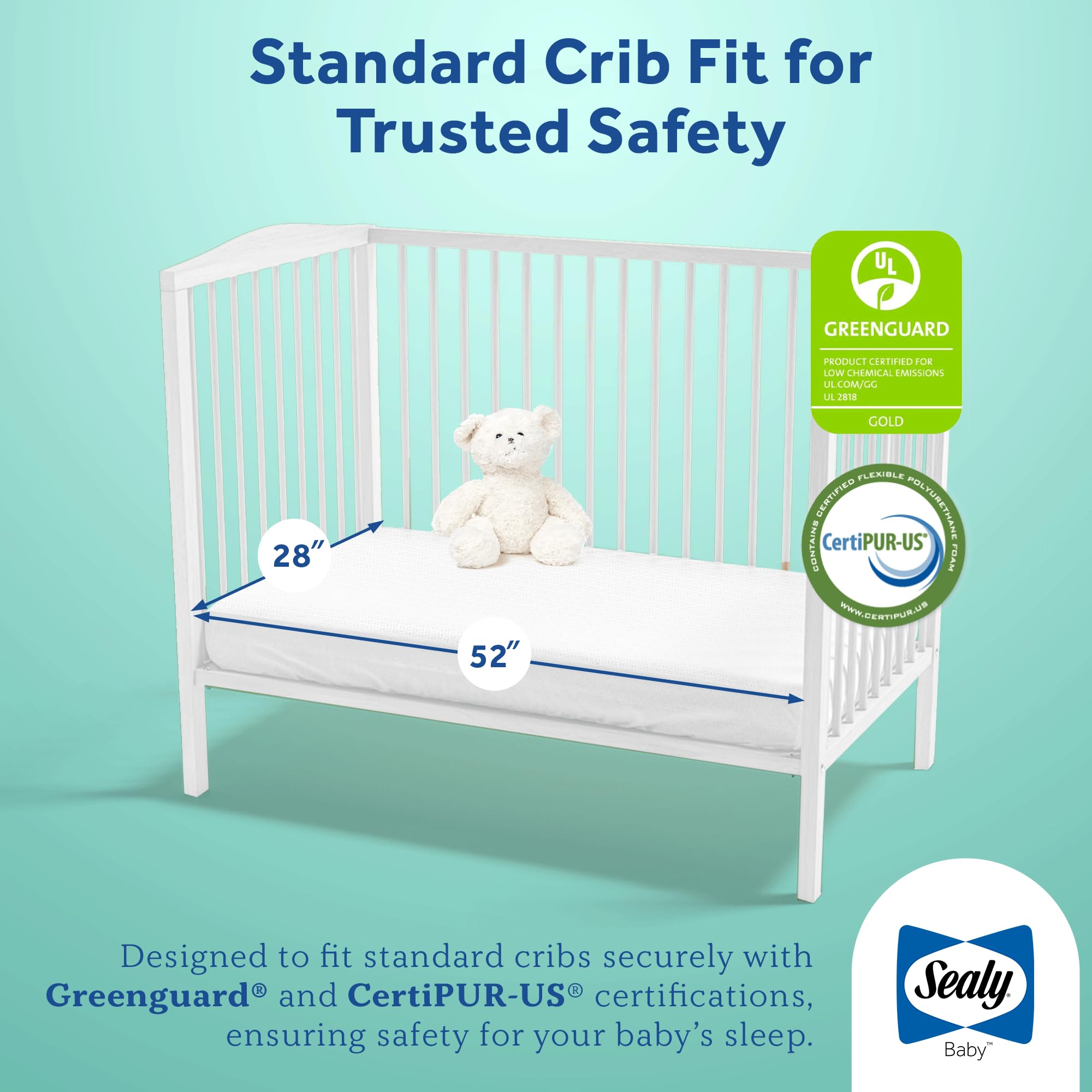 Sealy Baby Cool Comfort Breathable Waterproof 2 Stage Crib Mattress plus Toddler Bed Fit, Cooling Foam, Airy Cotton Cover, GREENGUARD Gold Certified, Safety & Quality Tested, Made in USA, 52"X28" - Image 4
