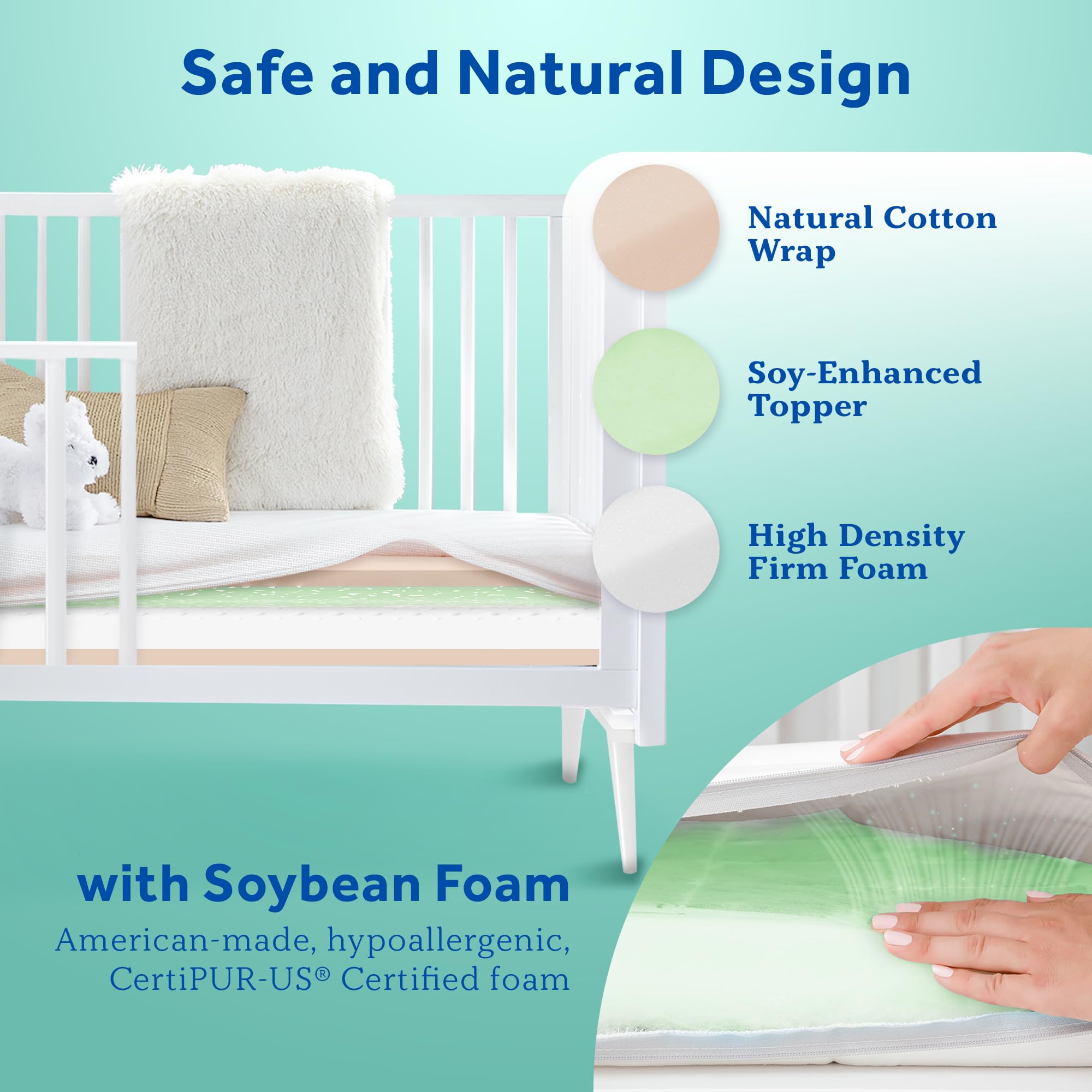 Sealy Baby Soybean 2 Stage Crib Mattress plus Toddler Bed Fit, Premium Hypoallergenic Lightweight Foam, Non Toxic, GREENGUARD Gold Certified, Safety & Quality Tested, Made in USA, 52X28" - Image 5