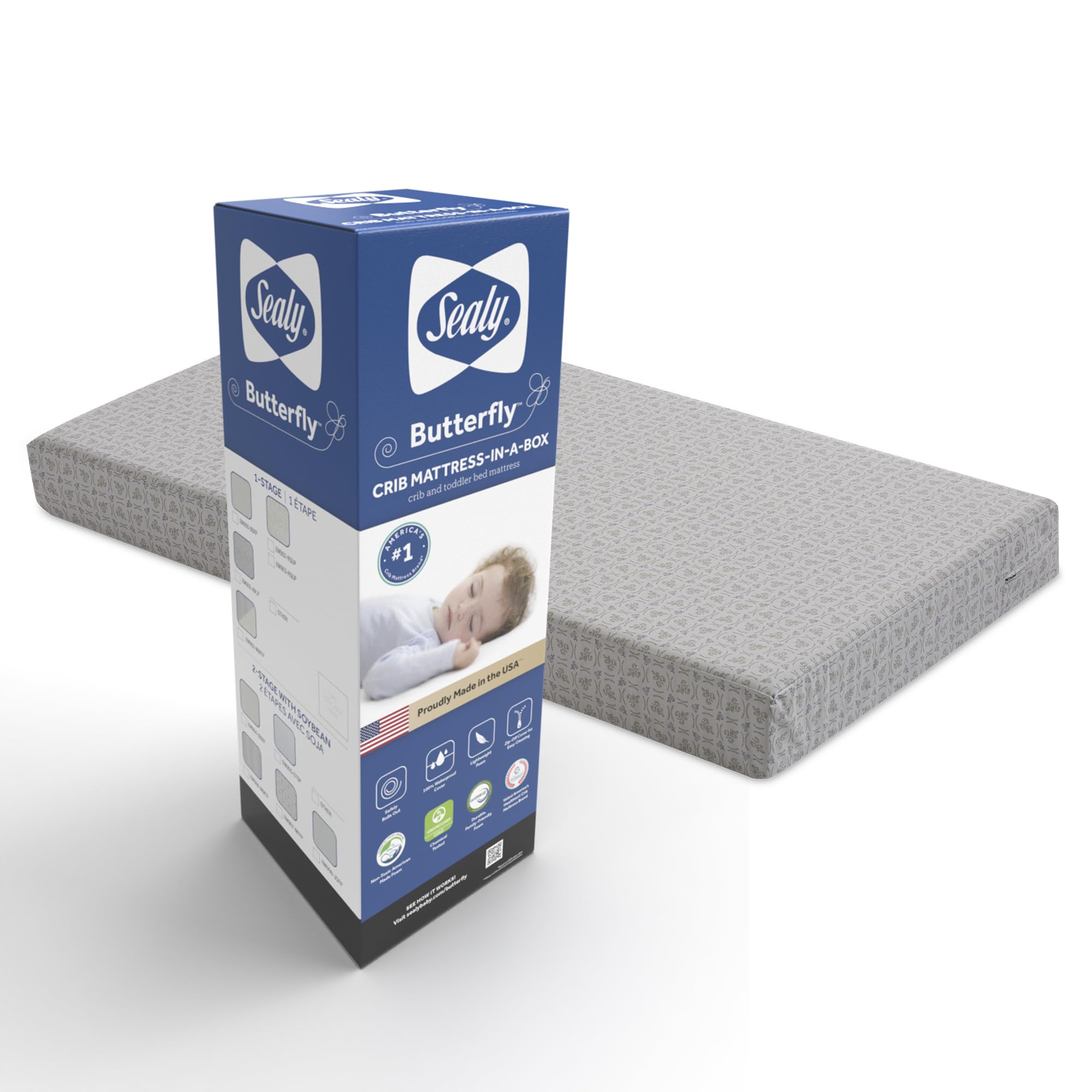 Sealy Butterfly 2-Stage Dual Firm Antibacterial Foam Baby Crib Mattress & Toddler Bed Mattress, Hypoallergenic Waterproof Memory Foam Crib Mattress, GREENGUARD GOLD Certified,Made in USA,52"x28",White - Image 13