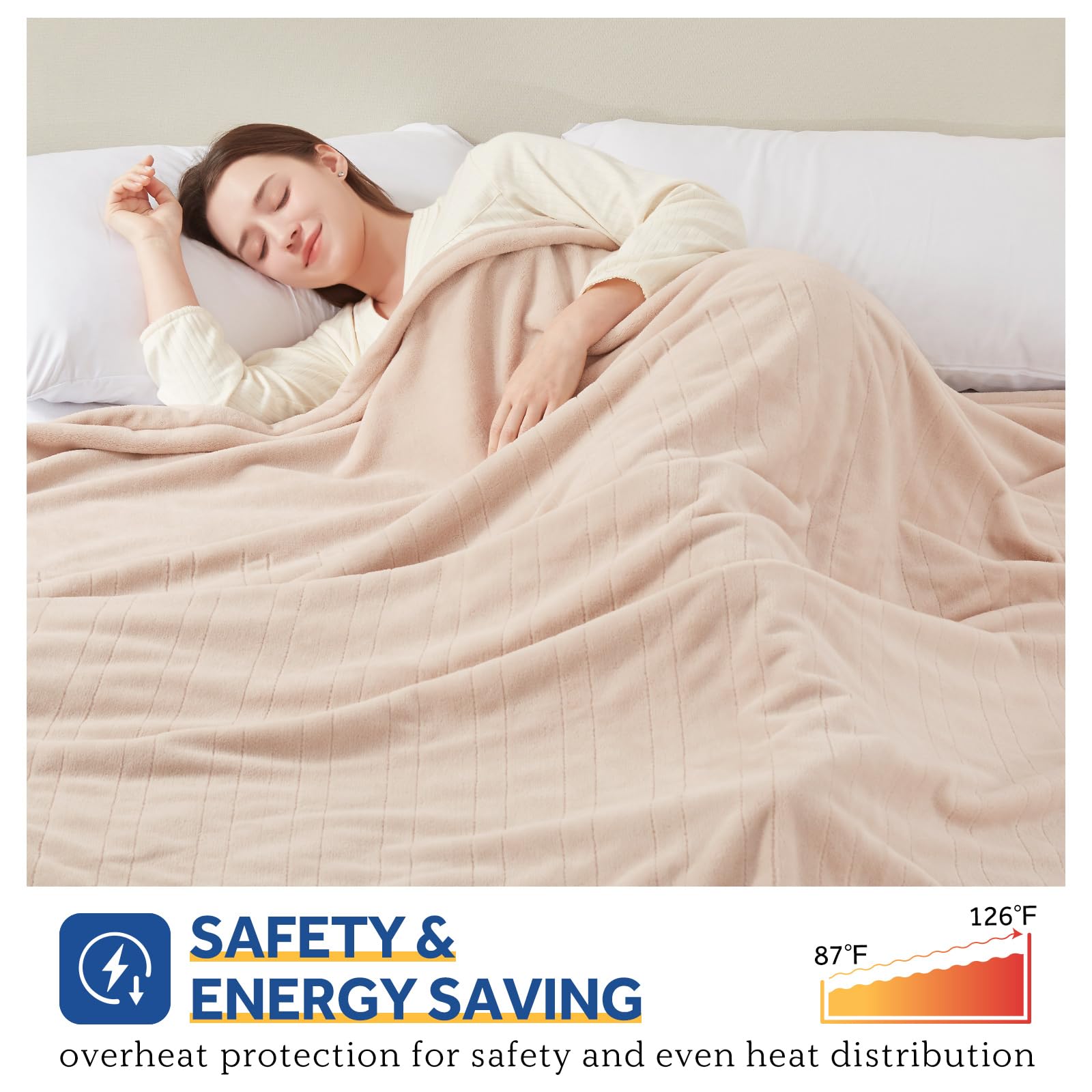 Sealy Electric Blanket King Size, Flannel Heated Blanket with10 Heating Levels & Auto Shut Off, Machine Washable, Beige, 100 x 90 Inch - Image 4