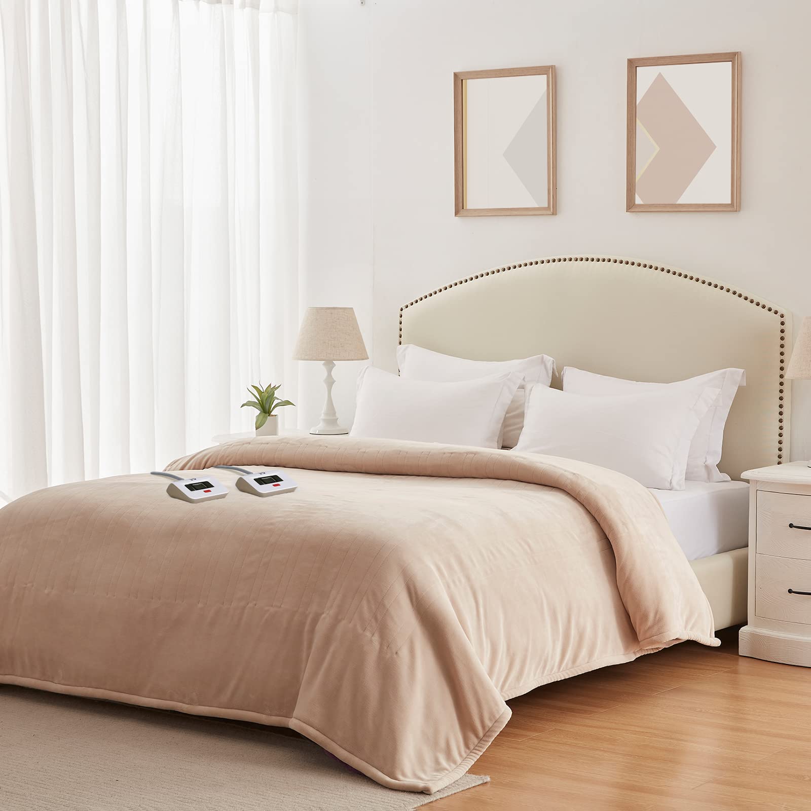 Sealy Electric Blanket King Size, Flannel Heated Blanket with10 Heating Levels & Auto Shut Off, Machine Washable, Beige, 100 x 90 Inch - Image 9