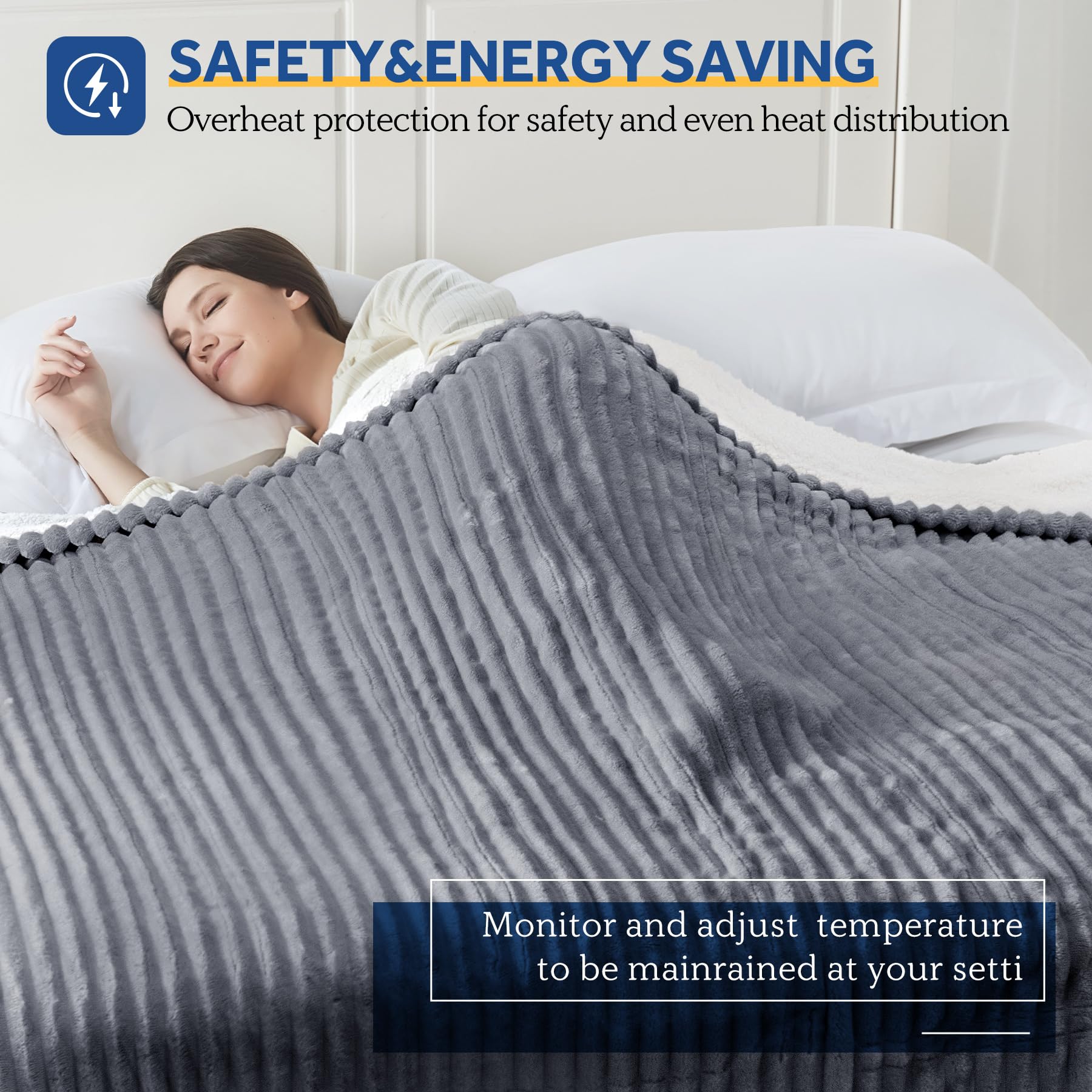 SEALY Electric Blanket Queen Size, Soft Ribbed Flannel to Sherpa Reversible Heated Blanket with Dual Control 10 Heat Settings & 1 to 12 Hours Auto-Off 84"x90" Machine Washable, Light Grey - Image 3