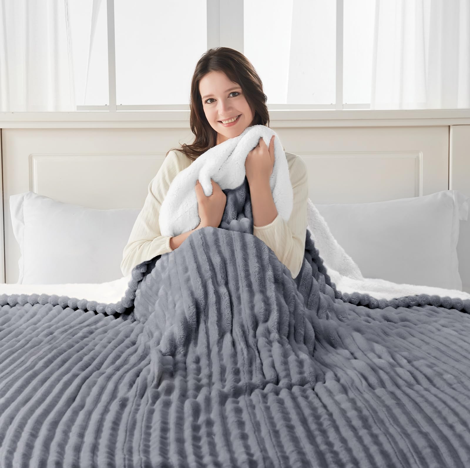 SEALY Electric Blanket Queen Size, Soft Ribbed Flannel to Sherpa Reversible Heated Blanket with Dual Control 10 Heat Settings & 1 to 12 Hours Auto-Off 84"x90" Machine Washable, Light Grey - Image 9