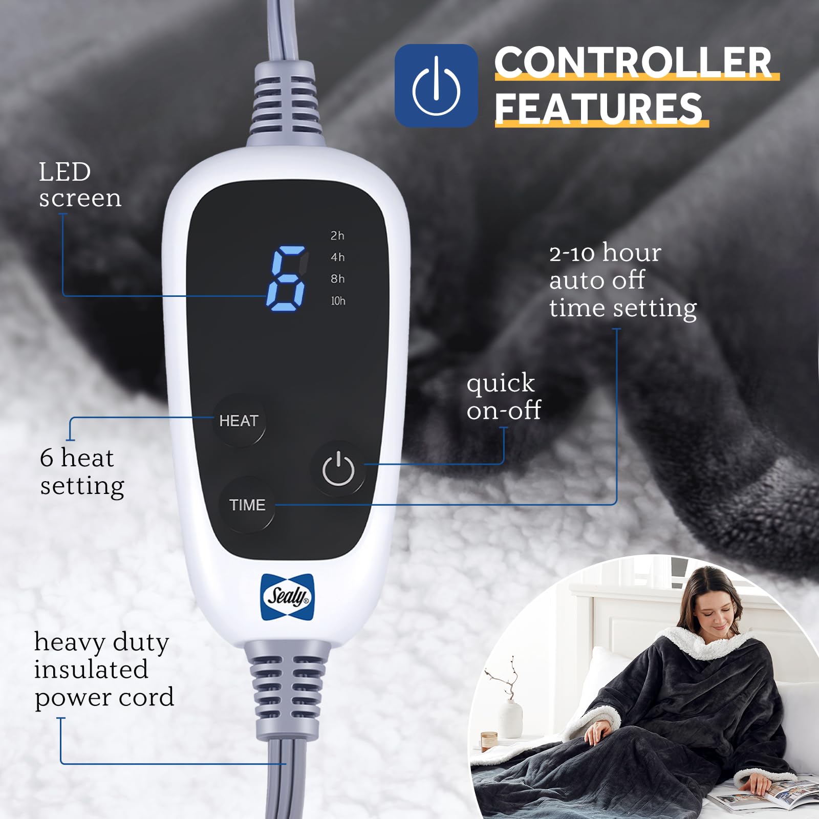 Sealy Electric Blanket Wearable with Foot Pocket, Electric Snuggle Blanket with Sleeves, Flannel & Sherpa Heating Throw with 6 Heat Settings & 2-10 Hours Auto Shut Off, 50 * 70"+18", Dark Grey - Image 3