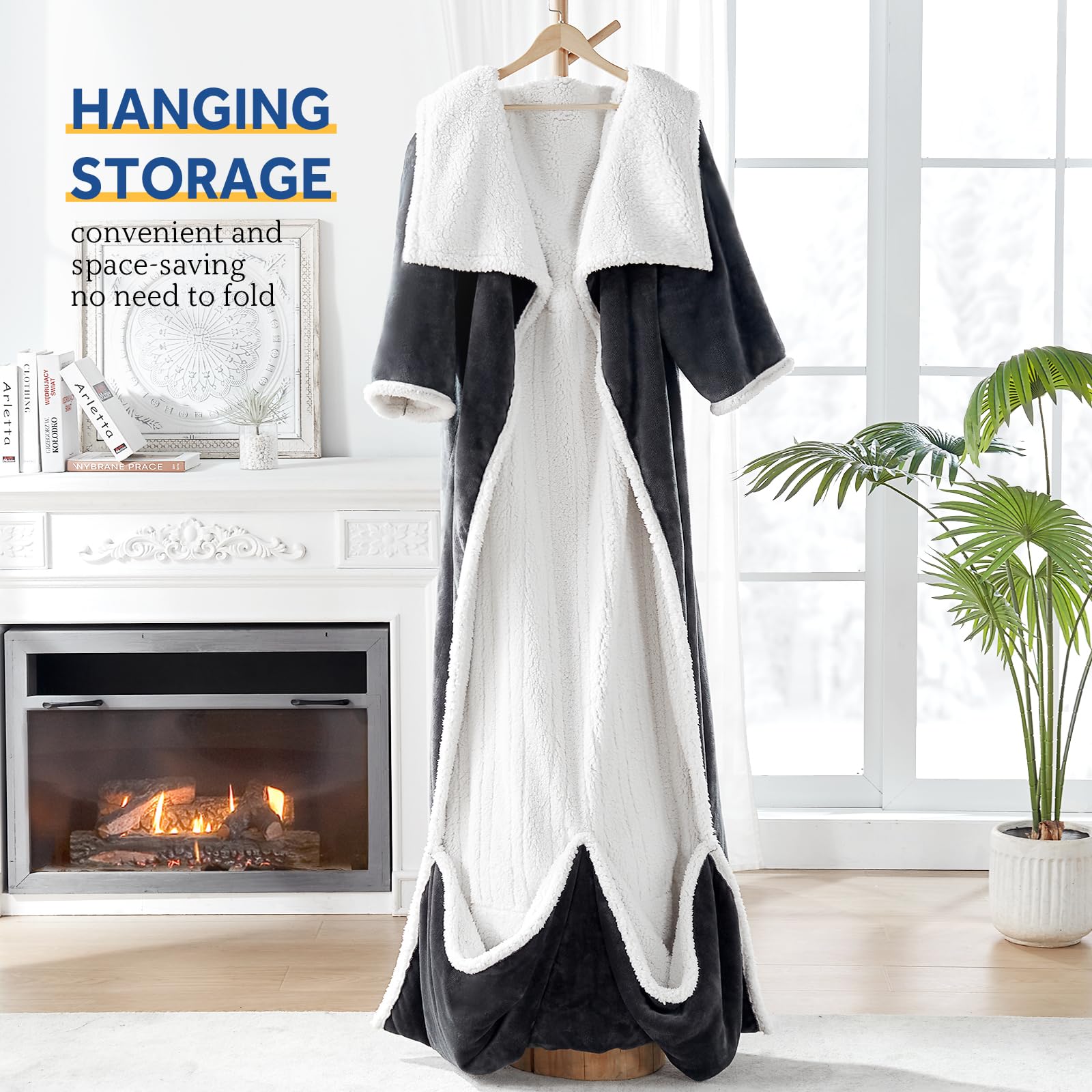 Sealy Electric Blanket Wearable with Foot Pocket, Electric Snuggle Blanket with Sleeves, Flannel & Sherpa Heating Throw with 6 Heat Settings & 2-10 Hours Auto Shut Off, 50 * 70"+18", Dark Grey - Image 4