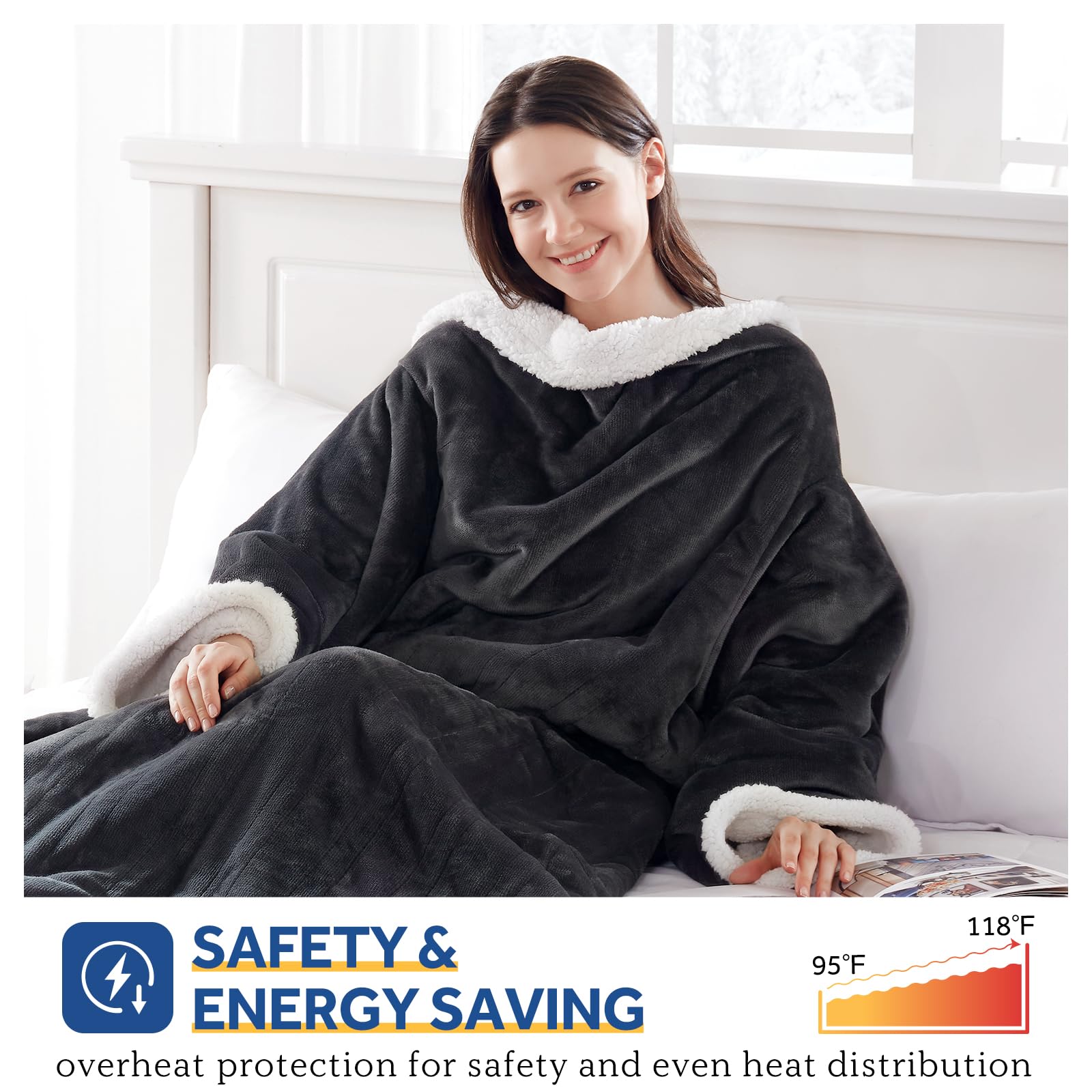 Sealy Electric Blanket Wearable with Foot Pocket, Electric Snuggle Blanket with Sleeves, Flannel & Sherpa Heating Throw with 6 Heat Settings & 2-10 Hours Auto Shut Off, 50 * 70"+18", Dark Grey - Image 5