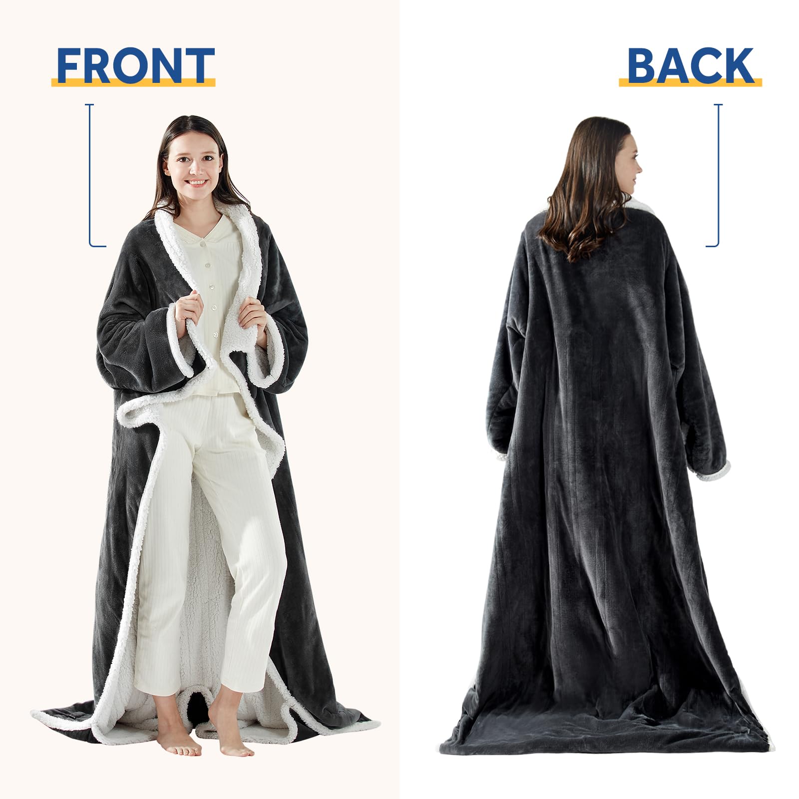 Sealy Electric Blanket Wearable with Foot Pocket, Electric Snuggle Blanket with Sleeves, Flannel & Sherpa Heating Throw with 6 Heat Settings & 2-10 Hours Auto Shut Off, 50 * 70"+18", Dark Grey - Image 6