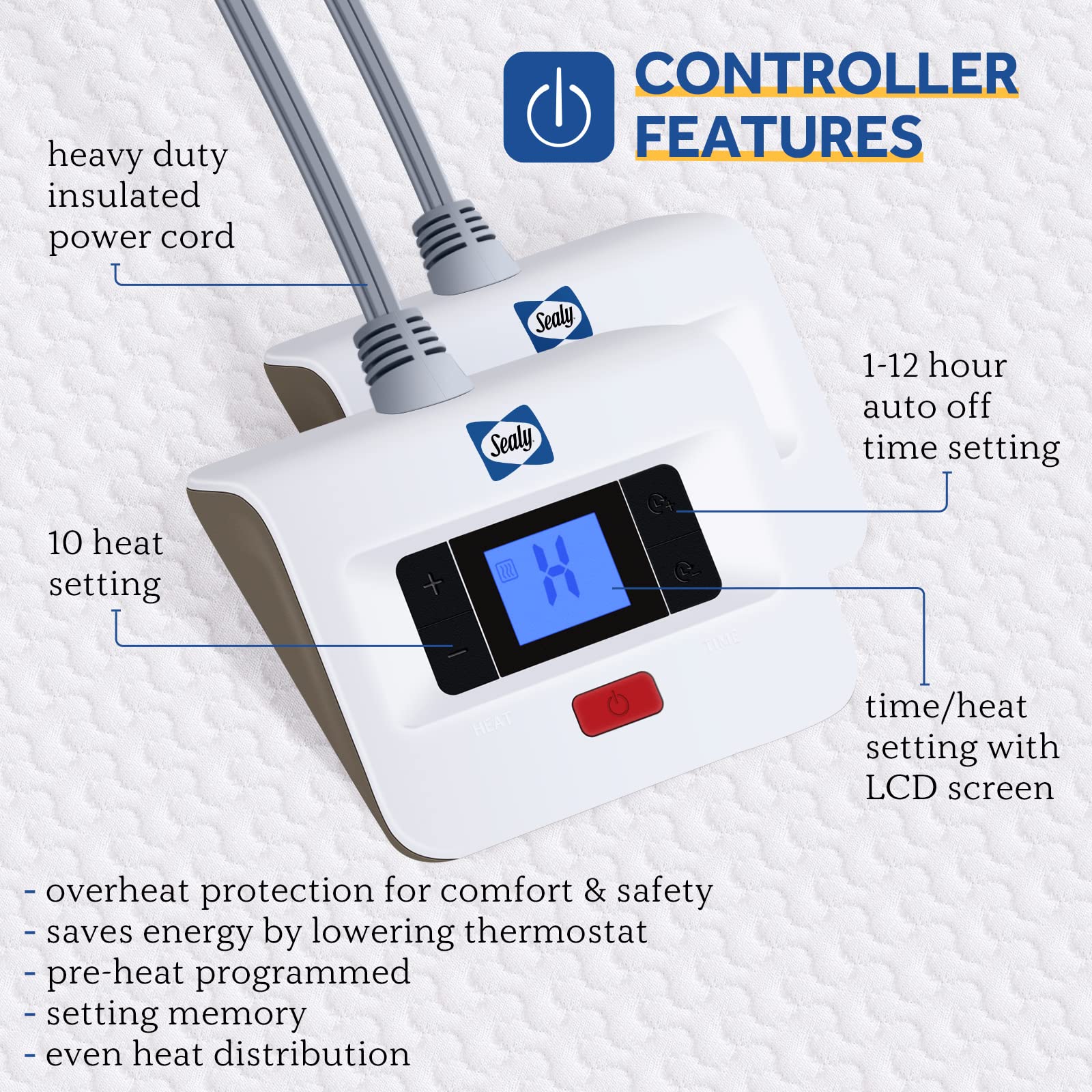 Sealy Heated Mattress Pad King Size, Zone Heating Electric Bed Warmer with Deep Pocket, 10 Heat Setting Dual Controller & 1-12 Hours Auto Shut Off, Knitted Breathable Heated Mattress Cover, White - Image 5
