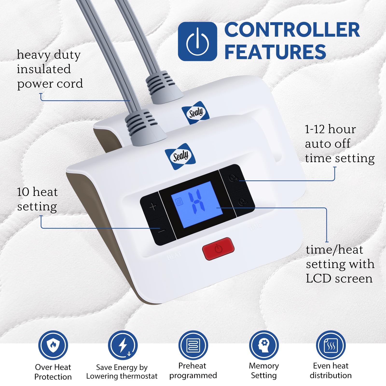 Sealy Heated Mattress Pad Queen Size, Luxury Quilted Electric Bed Warmer with Dual Controller 10 Heat Settings & Auto Off 1-12 Hours | Fit Up to 17" Deep Pocket | ETL Certified | Machine Washable - Image 5