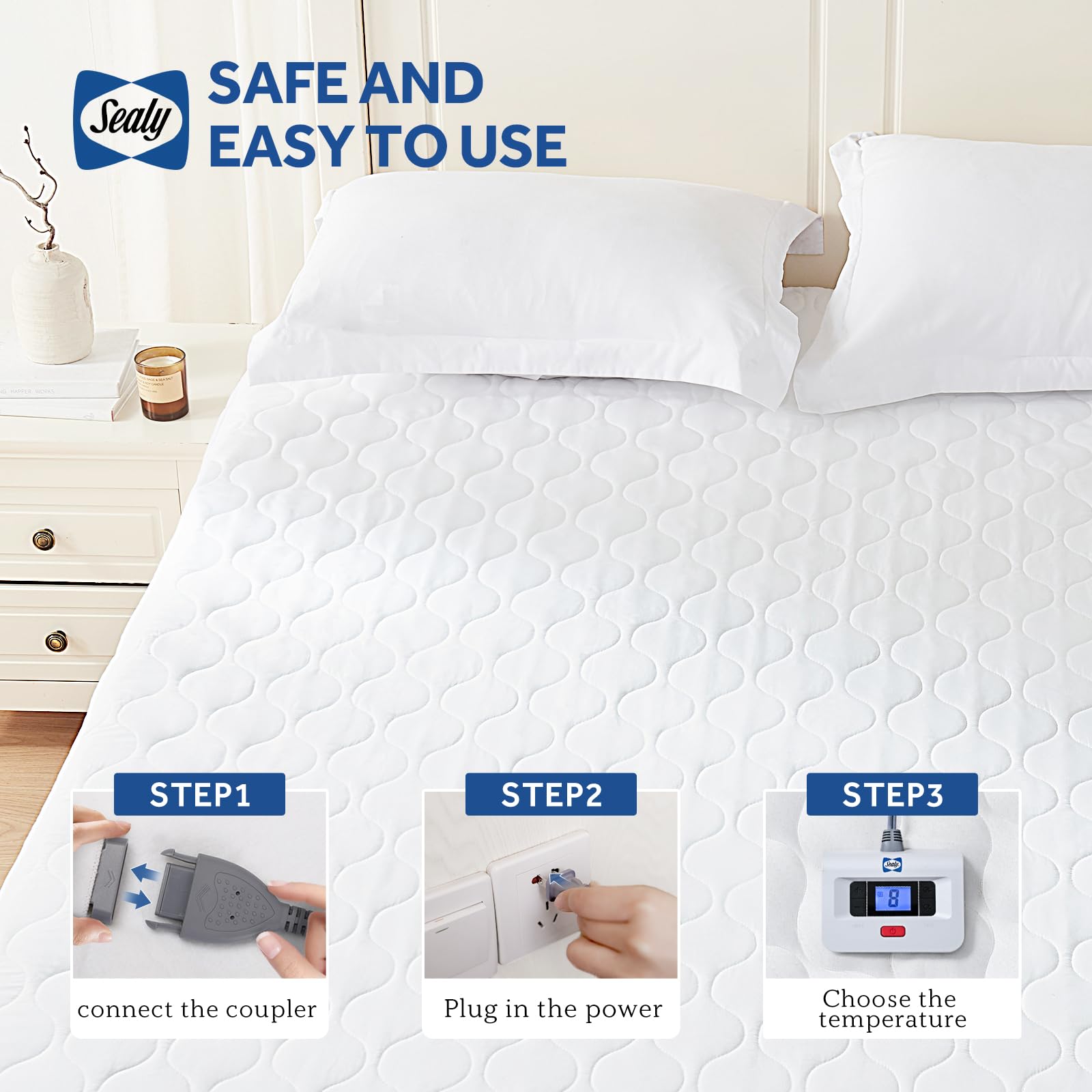 Sealy Heated Mattress Pad Queen Size, Luxury Quilted Electric Bed Warmer with Dual Controller 10 Heat Settings & Auto Off 1-12 Hours | Fit Up to 17" Deep Pocket | ETL Certified | Machine Washable - Image 6