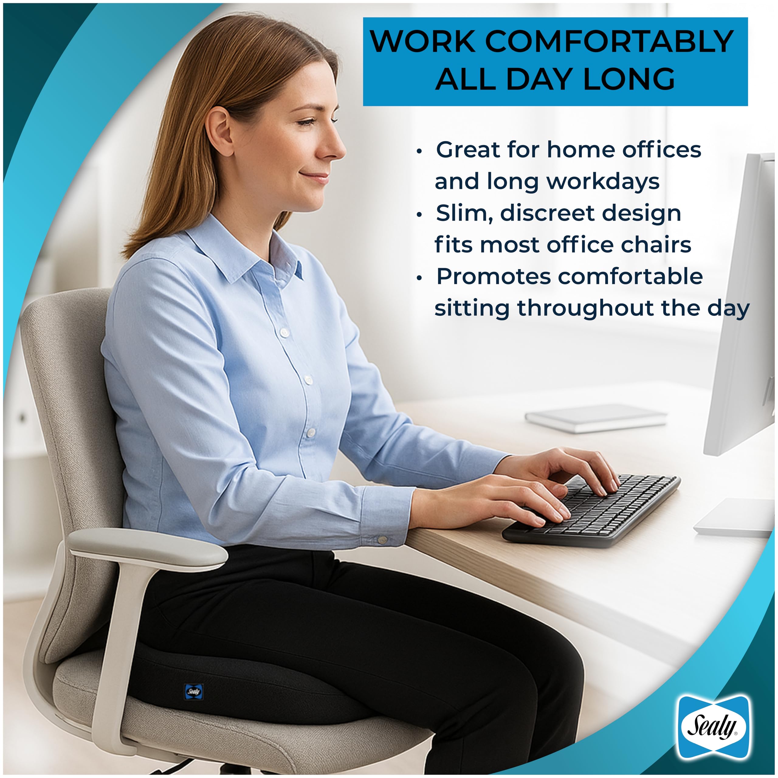 Sealy Memory Foam Car Seat Cushion – Gel Seat Cushions for Office Chairs, Tailbone Pain Relief Cushion, Cooling Pillow, Slim Fit Car Seat - Image 3