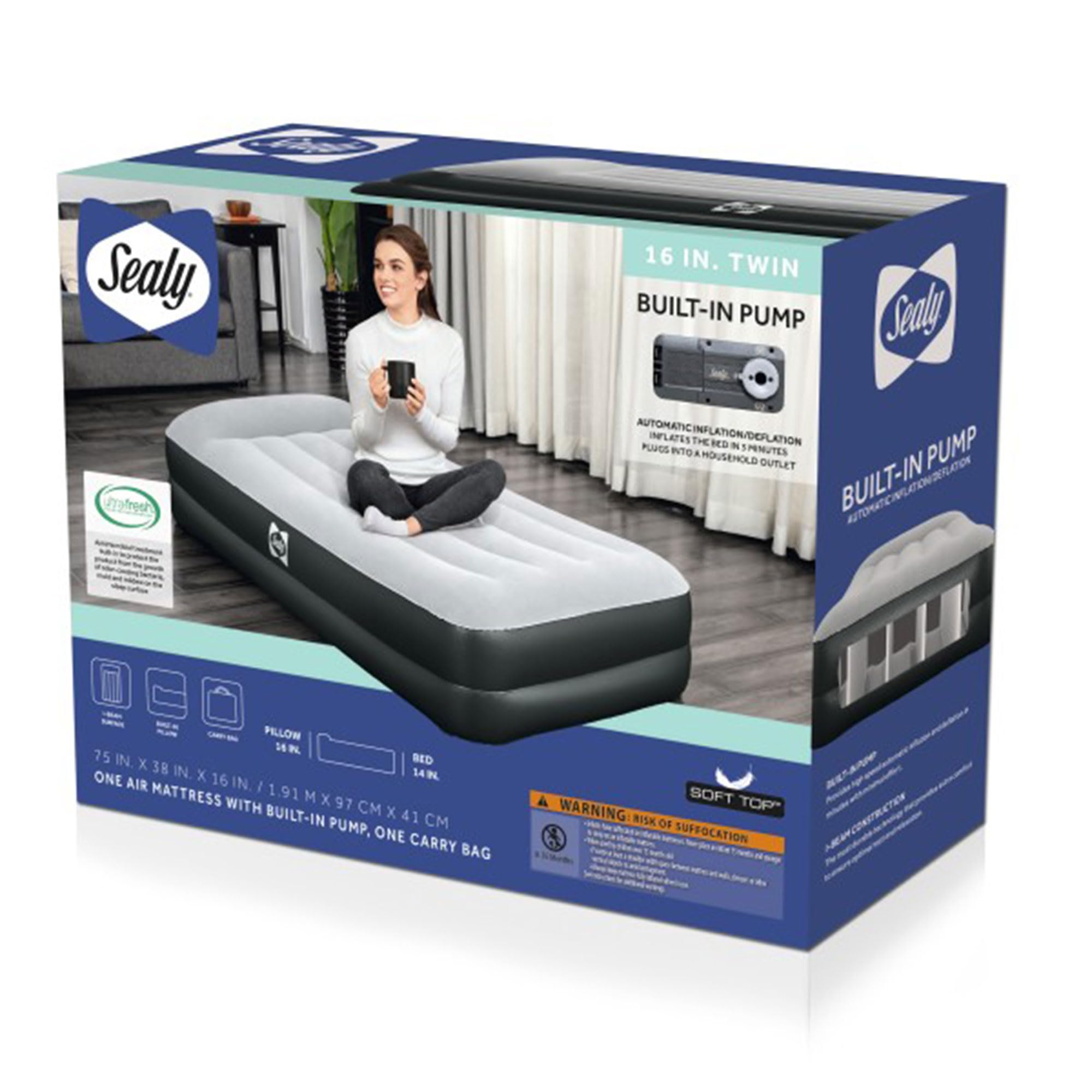 Sealy Tritech 16” Inflatable Air Mattress Bed with Built-in Pump, Storage Bag, and Repair Patch for Indoor and Outdoor Use, Twin - Image 3