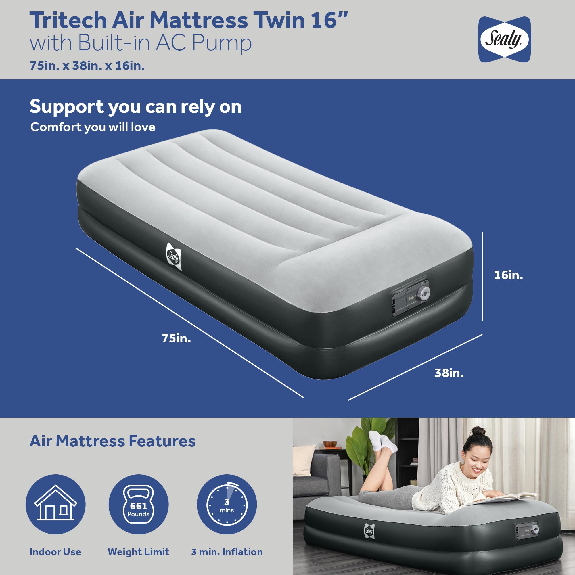 Sealy Tritech 16” Inflatable Air Mattress Bed with Built-in Pump, Storage Bag, and Repair Patch for Indoor and Outdoor Use, Twin - Image 4