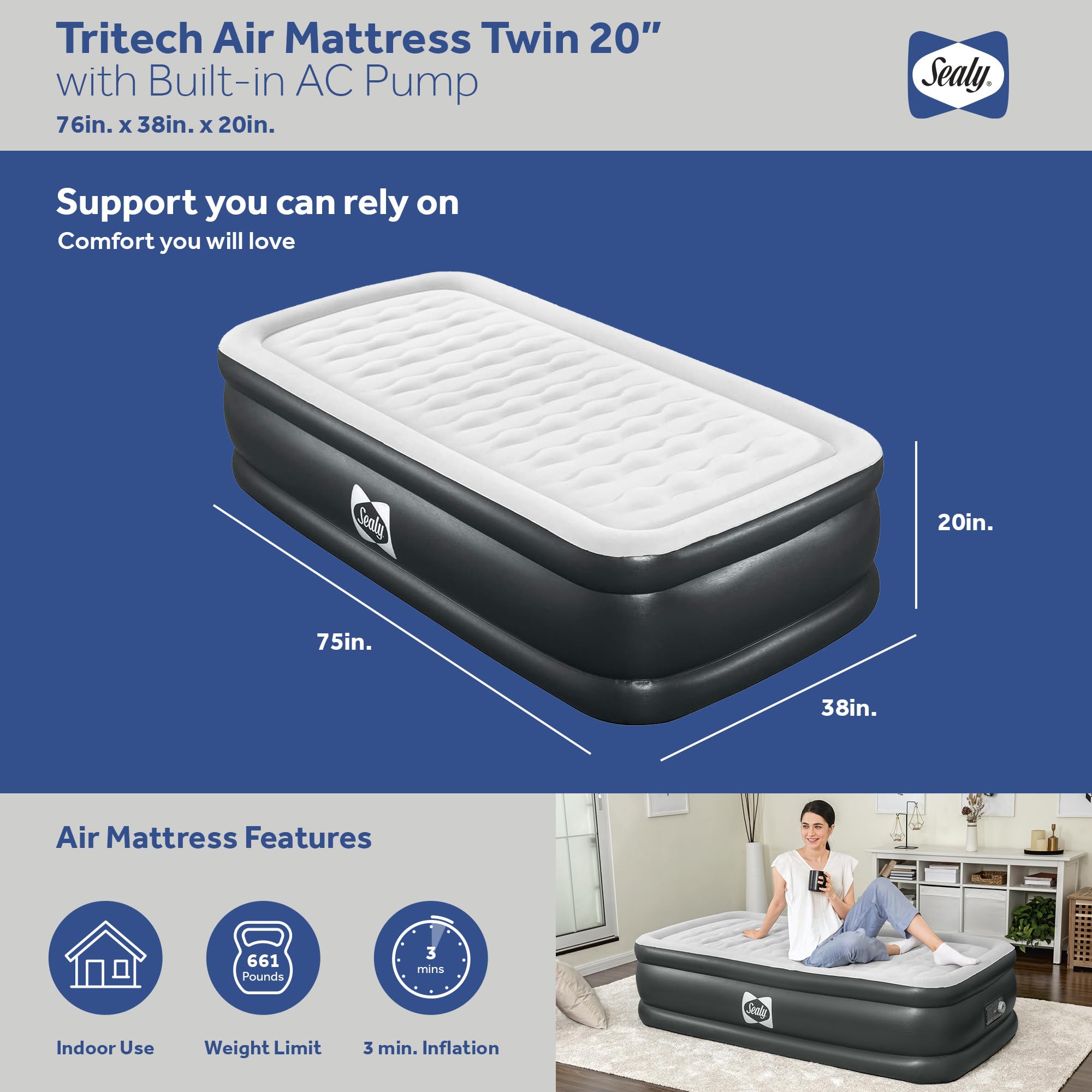 Sealy Tritech Twin Sized 20" Air Mattress Bed 2 Person w/Built-in AC Pump & Bag - Image 4